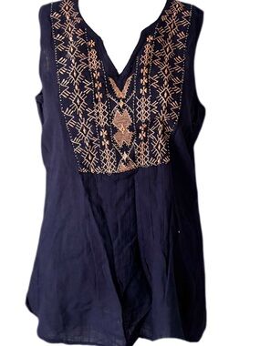 Raya Sun Navy Sleeveless V-Neck Camisole with Gold Embroidered Yoke